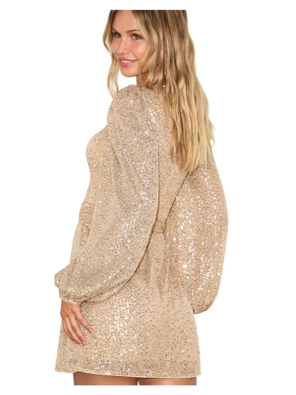 Lulus Festive Mood Gold Sequin Long Sleeve Mini Dress Sz MED Event Party